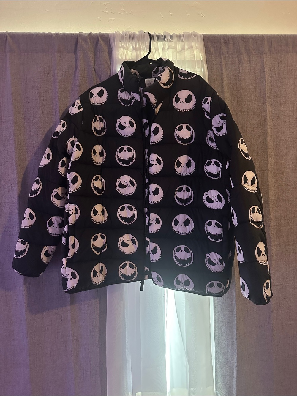 Disney Black Puffer Jacket with White Jack Skellington Faces